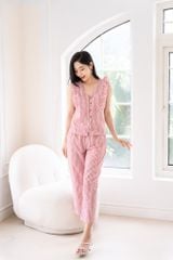Đồ bộ dài không tay nút gỗ linen sọc đỏ