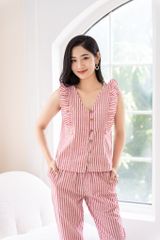 Đồ bộ dài không tay nút gỗ linen sọc đỏ