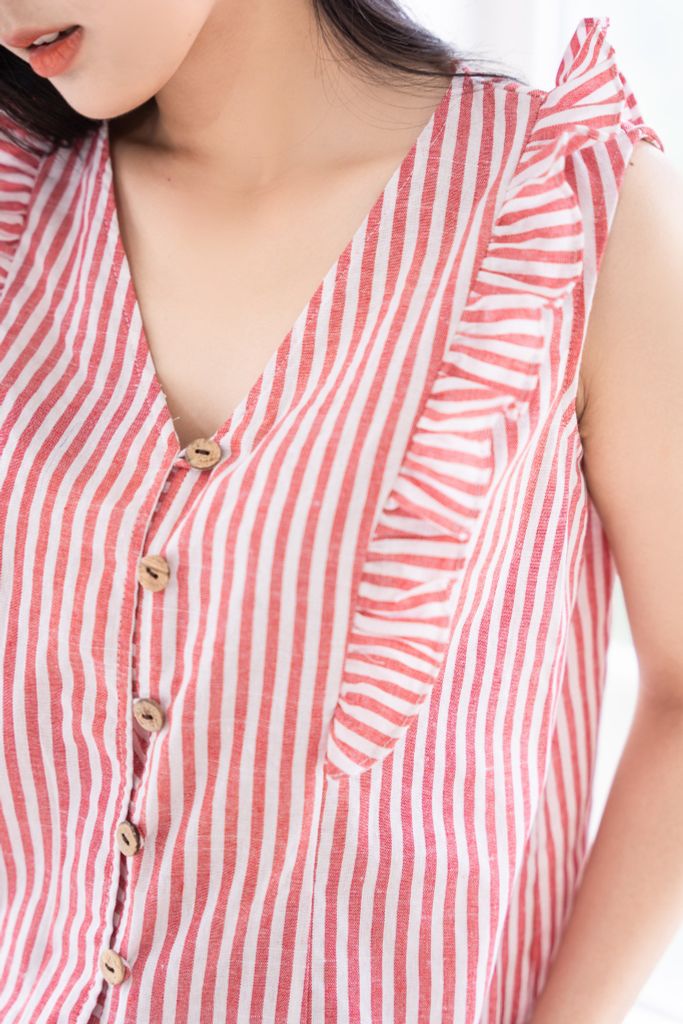 Đồ bộ dài không tay nút gỗ linen sọc đỏ