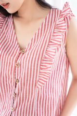 Đồ bộ dài không tay nút gỗ linen sọc đỏ