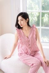 Đồ bộ dài không tay nút gỗ linen sọc đỏ