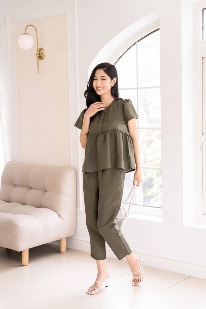 Đồ bộ dài có tay baby doll linen xanh rêu