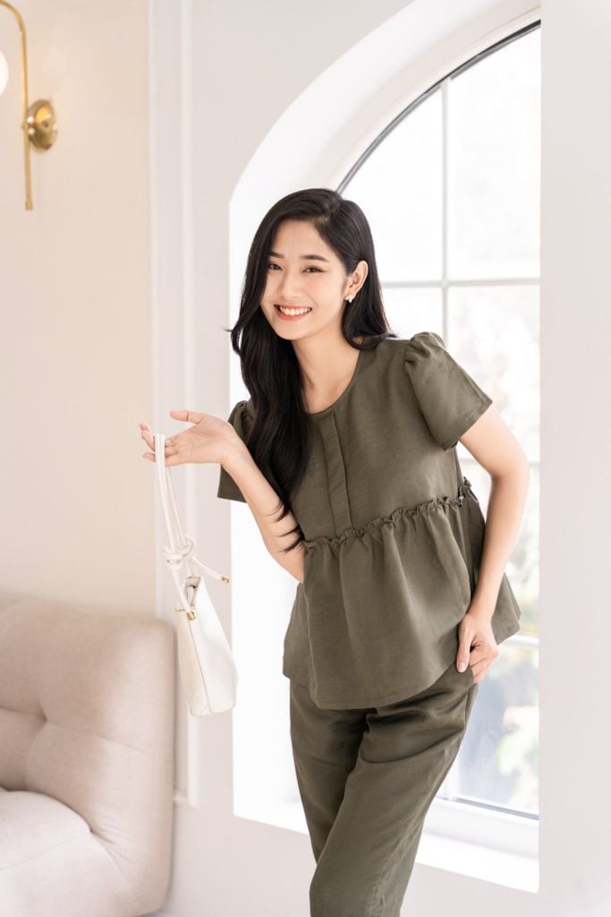 Đồ bộ dài có tay baby doll linen xanh rêu
