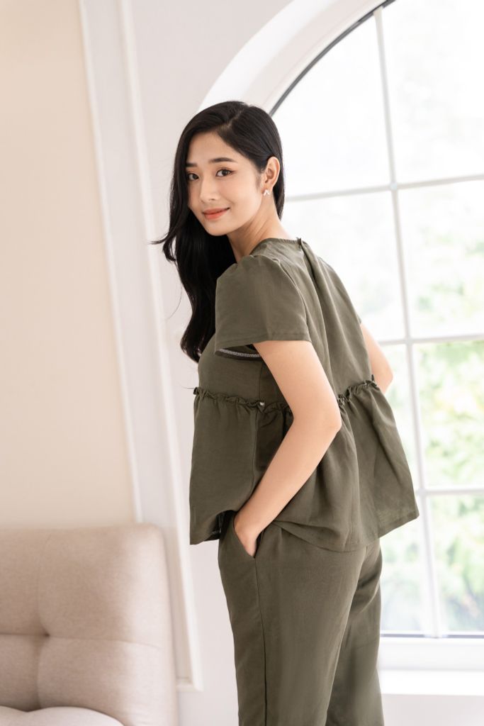 Đồ bộ dài có tay baby doll linen xanh rêu