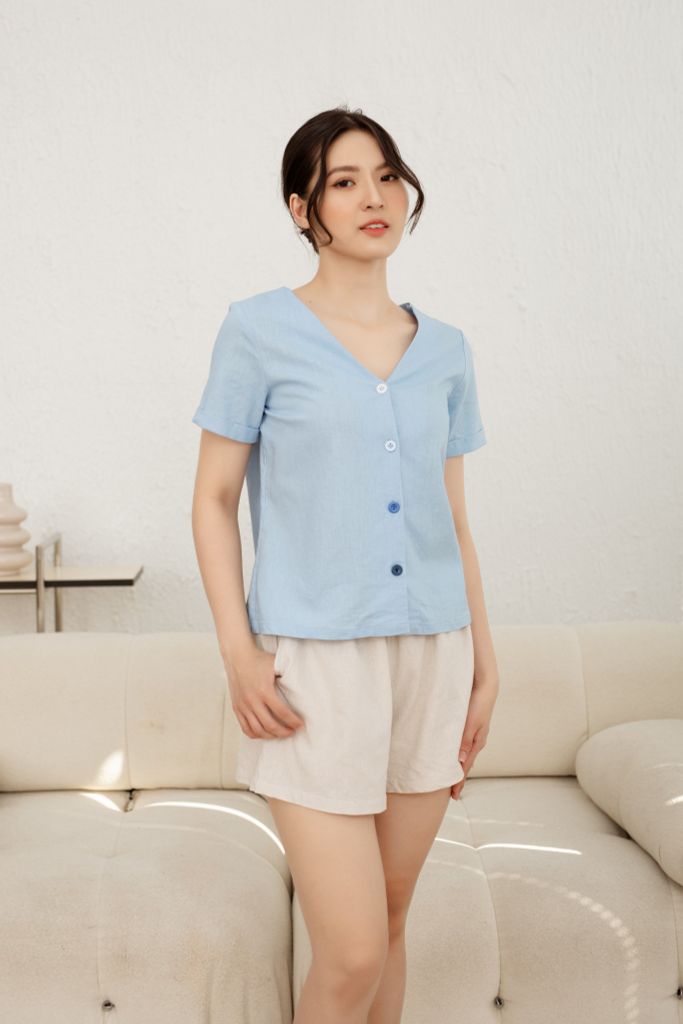 Đồ bộ đùi có tay nút nhiều màu xanh