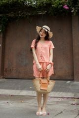 Đồ bộ đùi có tay nút nhiều màu hồng cam thêu hoa