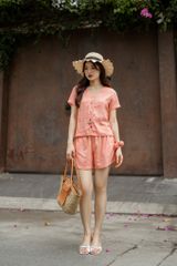 Đồ bộ đùi có tay nút nhiều màu hồng cam thêu hoa