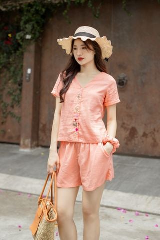 Đồ bộ đùi có tay nút nhiều màu hồng cam thêu hoa