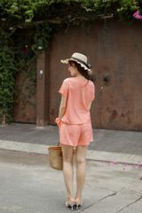 Đồ bộ đùi có tay nút nhiều màu hồng cam thêu hoa