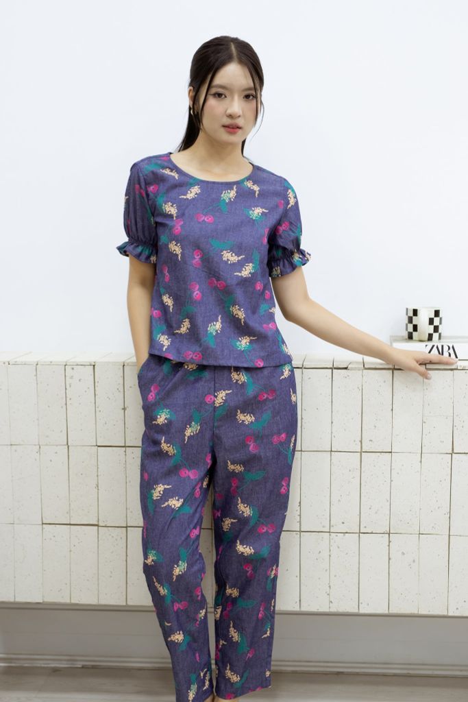 Đồ bộ dài thiết kế tay bo chun hoa cherry