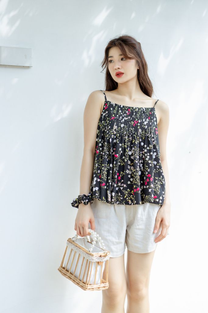 Đồ bộ đùi thiết kế 2 dây xếp li linen phối màu đen