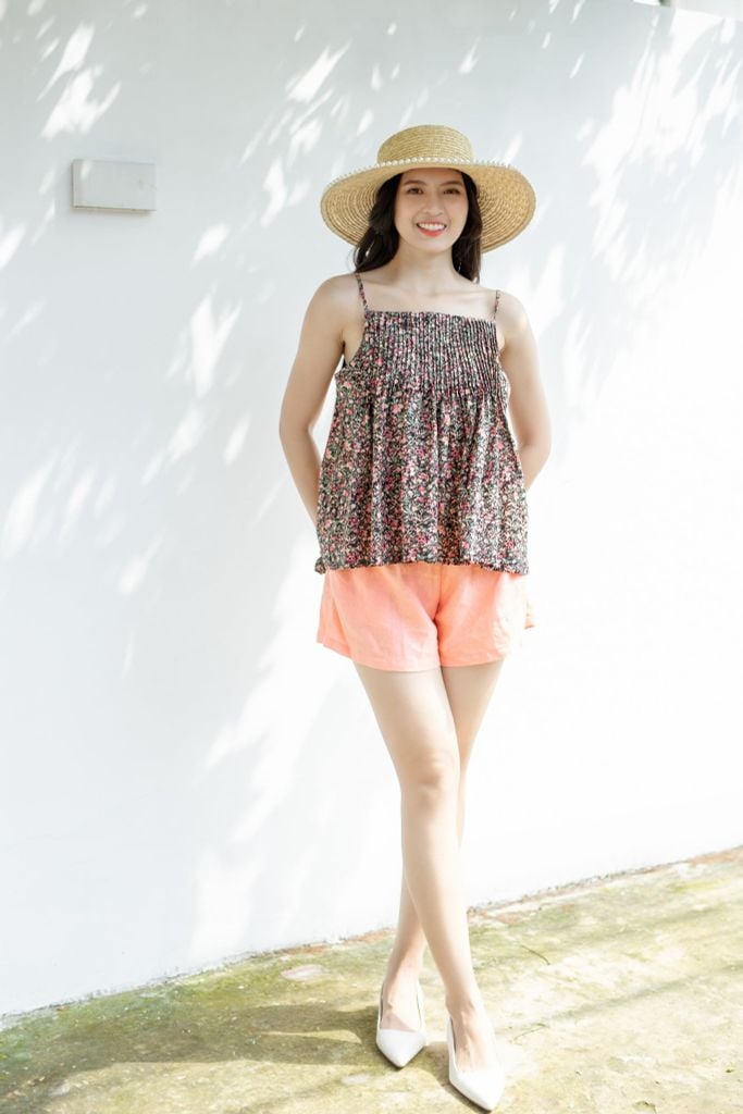 Đồ bộ đùi thiết kế 2 dây xếp li linen phối màu hồng cam