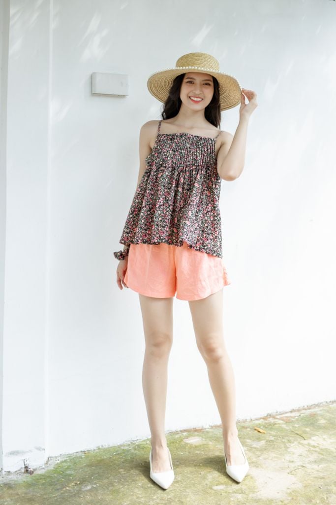 Đồ bộ đùi thiết kế 2 dây xếp li linen phối màu hồng cam