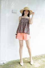 Đồ bộ đùi thiết kế 2 dây xếp li linen phối màu hồng cam