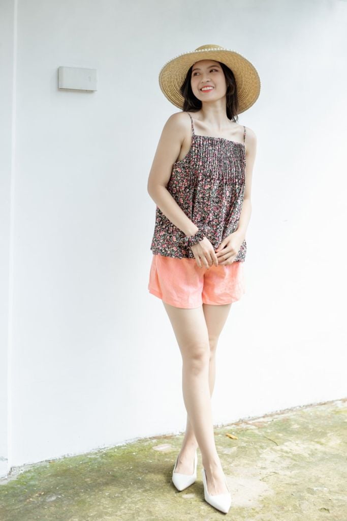 Đồ bộ đùi thiết kế 2 dây xếp li linen phối màu hồng cam
