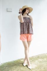 Đồ bộ đùi thiết kế 2 dây xếp li linen phối màu hồng cam