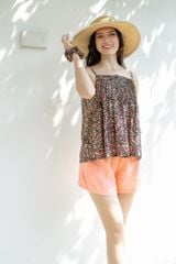 Đồ bộ đùi thiết kế 2 dây xếp li linen phối màu hồng cam