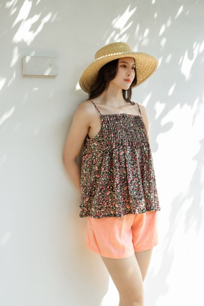 Đồ bộ đùi thiết kế 2 dây xếp li linen phối màu hồng cam