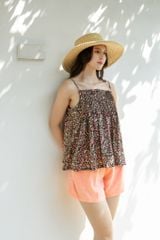 Đồ bộ đùi thiết kế 2 dây xếp li linen phối màu hồng cam