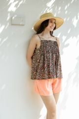 Đồ bộ đùi thiết kế 2 dây xếp li linen phối màu hồng cam