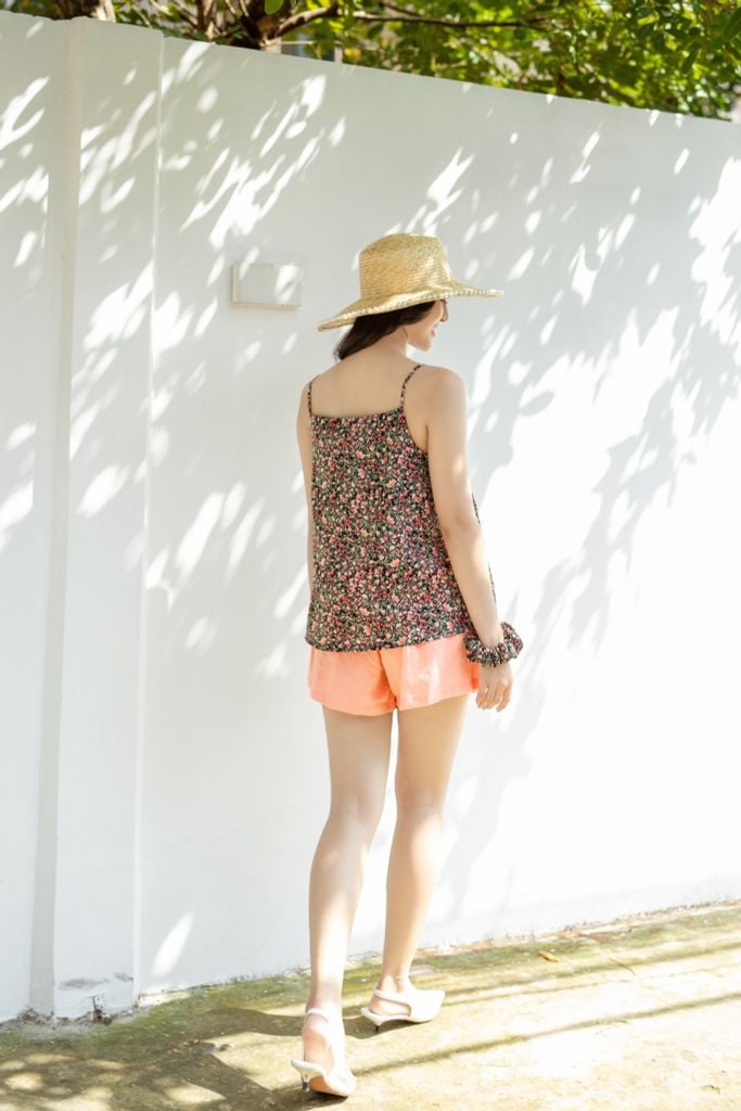 Đồ bộ đùi thiết kế 2 dây xếp li linen phối màu hồng cam