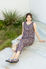 Đồ bộ dài không tay 8 nút hoa hồng