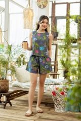 Đồ bộ đùi không tay nút bên hông hoa mẫu đơn