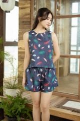 Đồ bộ đùi không tay nút bên hông lông công