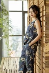 Đồ bộ dài không tay thiết kế vạt xéo hoa lan