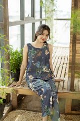 Đồ bộ dài không tay thiết kế vạt xéo hoa lan