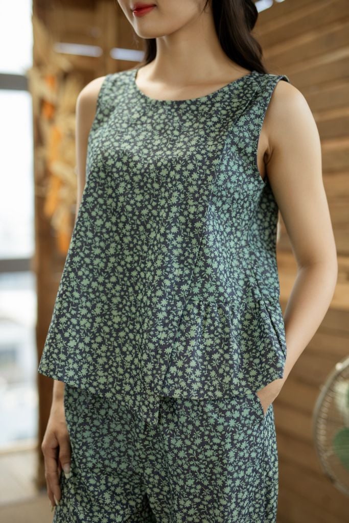 Đồ bộ dài không tay thiết kế vạt xéo hoa quỳnh xanh