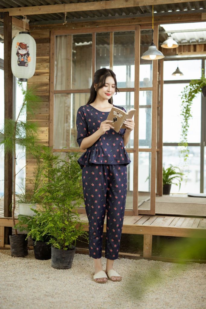 Đồ bộ dài thiết kế nhún bèo tay lỡ hoa đỏ