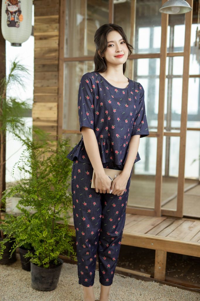 Đồ bộ dài thiết kế nhún bèo tay lỡ hoa đỏ