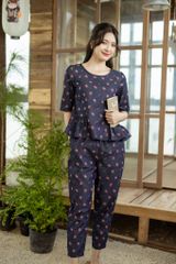 Đồ bộ dài thiết kế nhún bèo tay lỡ hoa đỏ