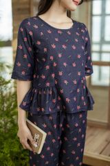 Đồ bộ dài thiết kế nhún bèo tay lỡ hoa đỏ