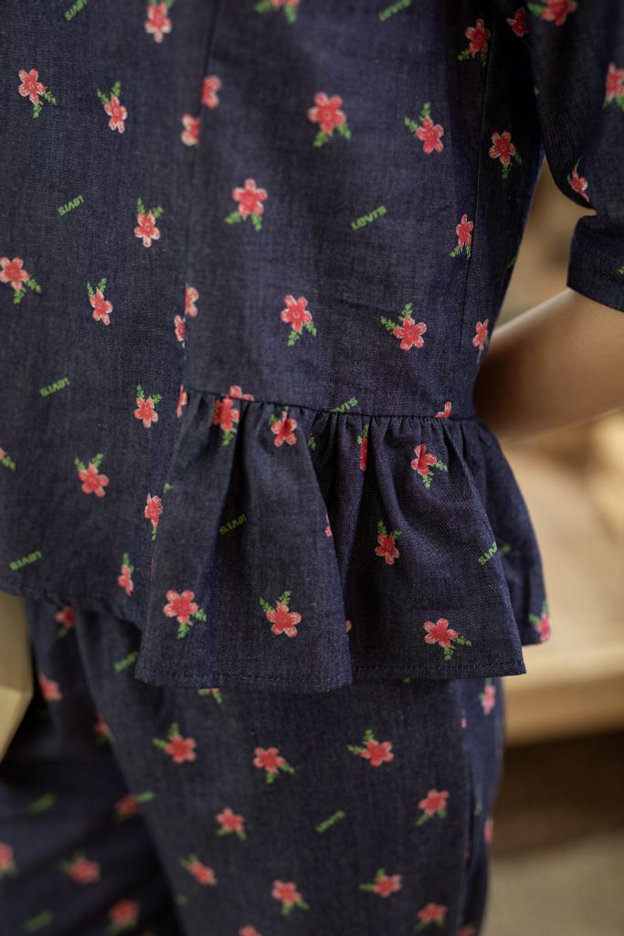 Đồ bộ dài thiết kế nhún bèo tay lỡ hoa đỏ