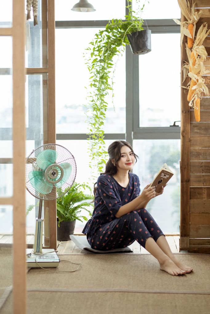 Đồ bộ dài thiết kế nhún bèo tay lỡ hoa đỏ