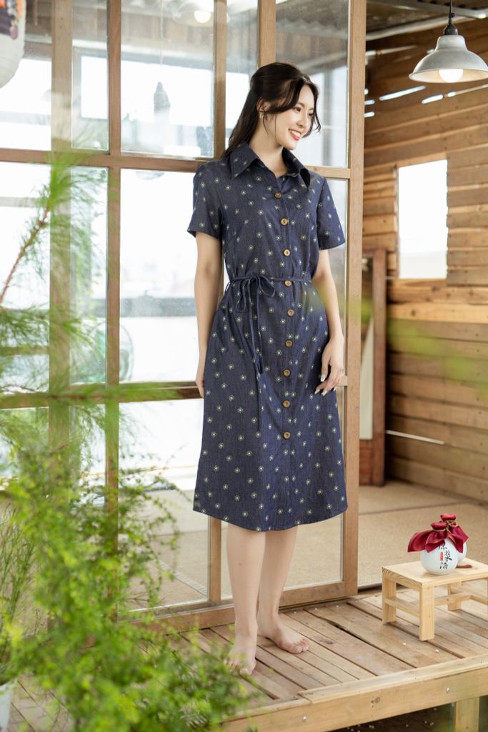 Đầm sơ mi có tay họa tiết hoa mặt trời