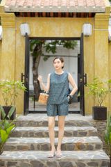 Đồ bộ đùi thiết kế không tay nút hoa hồng cam