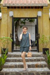 Đồ bộ đùi thiết kế không tay nút hoa hồng cam