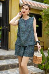 Đồ bộ đùi thiết kế không tay nút hoa hồng cam