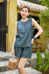 Đồ bộ đùi thiết kế không tay nút hoa hồng cam