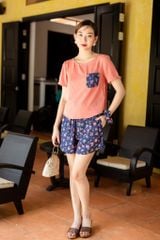 Đồ bộ đùi áo lụa hồng phối túi hoa mùa xuân