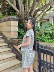 Đồ bộ đùi có tay cổ V hoạ tiết hoa hồng nền xám