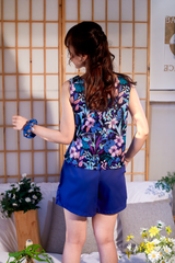 Đồ bộ đùi không tay áo hoa quần xanh dương_SA