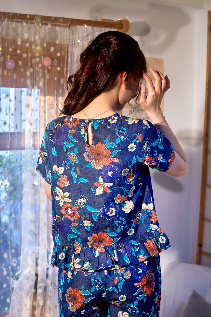 Đồ bộ lửng thiết kế nhún bèo có tay hoa đỗ quyên