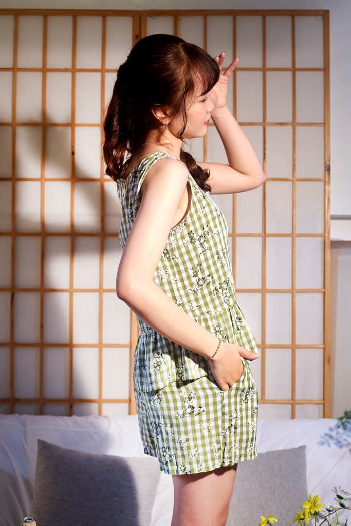 Đồ bộ đùi sọc caro họa tiết hoa bèo không tay_SA