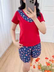 Đồ bộ đùi áo thun có viền cổ quần hoa mùa xuân