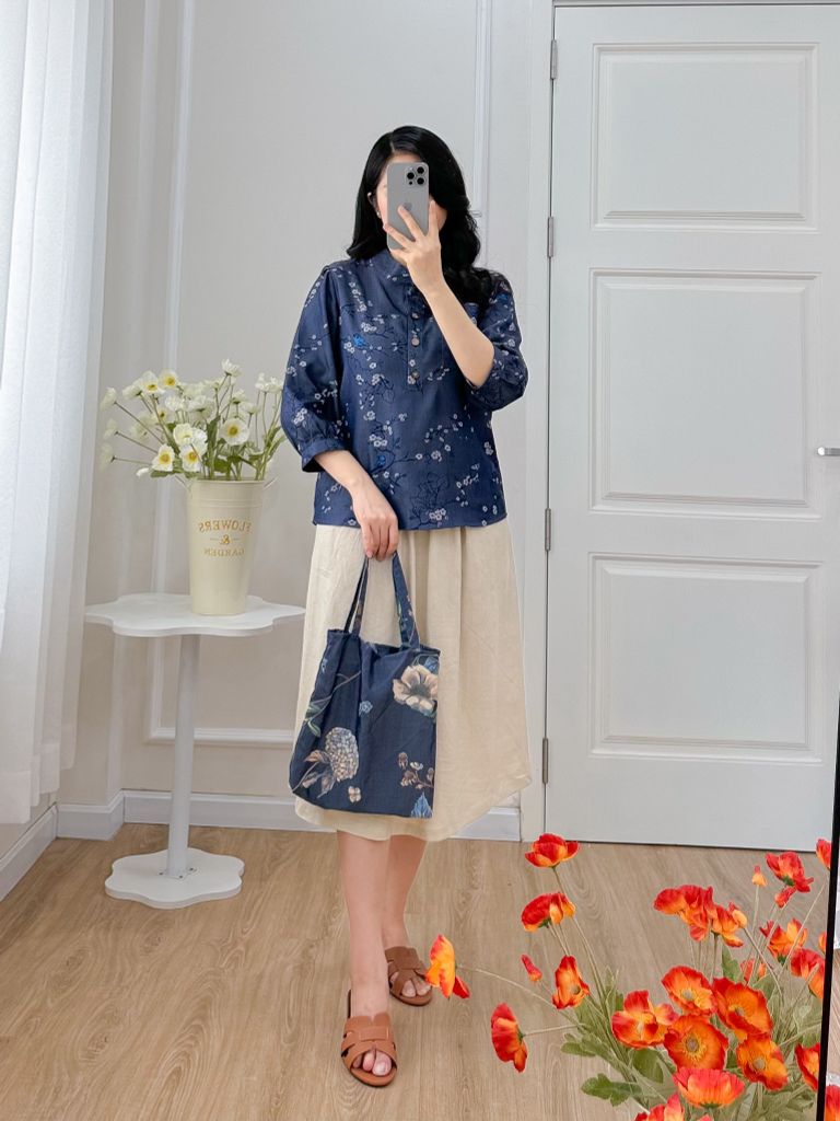 Áo sơ mi cổ tàu hoạ tiết chim én mùa xuân