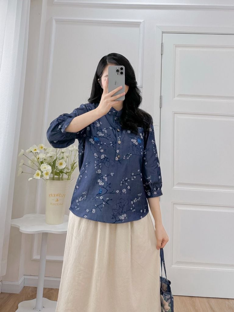 Áo sơ mi cổ tàu hoạ tiết chim én mùa xuân